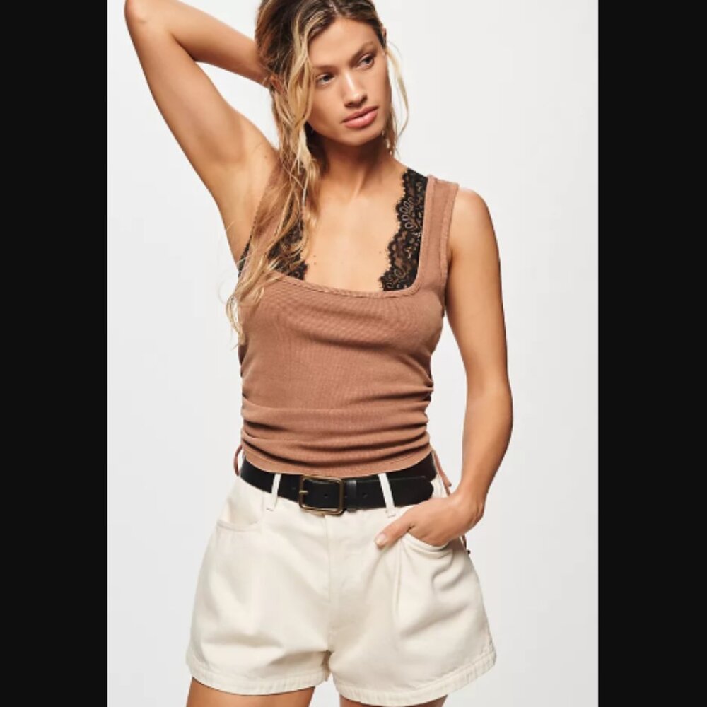 Anthropologie Pilcro Ruched Square-Neck Tank Blouse Top Side Tie XS Raw Umber